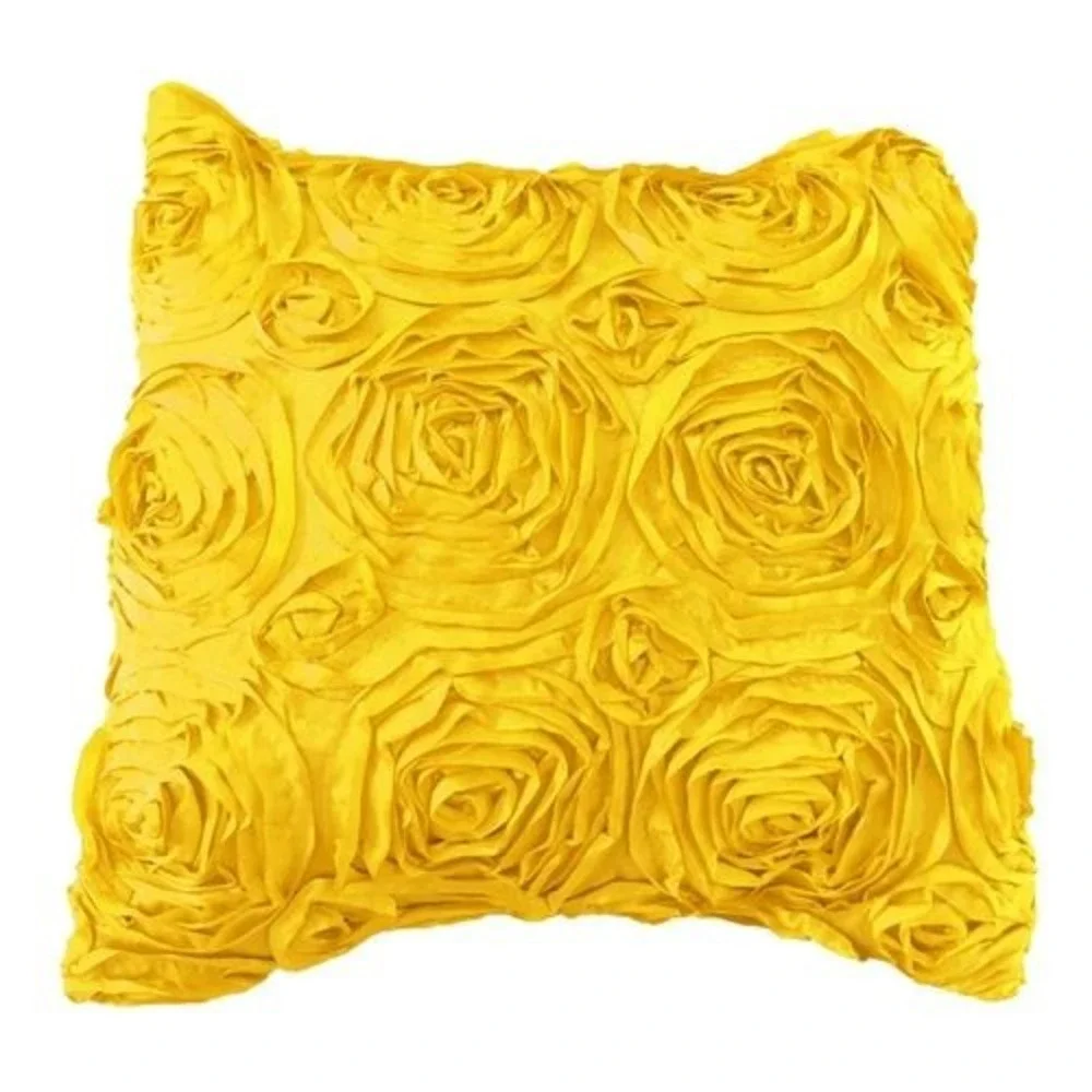 Pair Yellow Satin 3D Rosette Throw‎ Pillow Cover 16x16 Square Floral Decorative